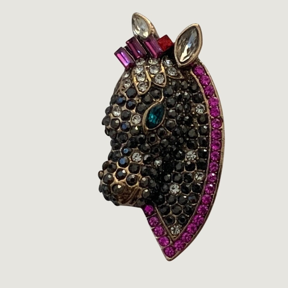 Vintage Zebra Head Brooch Gold Tone Pave Rhinestone Magenta Black Crystal Pin